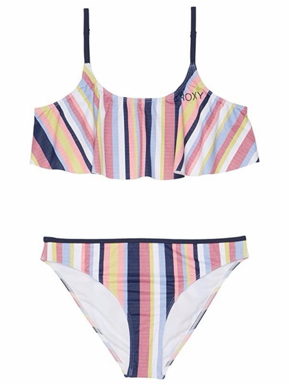 Roxy Girls' Striped Ruffle Bikini in Pink, Navy, Yellow & White
